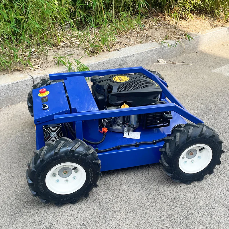 The lawn mower robot, an electronic device controlled by custom wheels, is used in gardens and farms.
