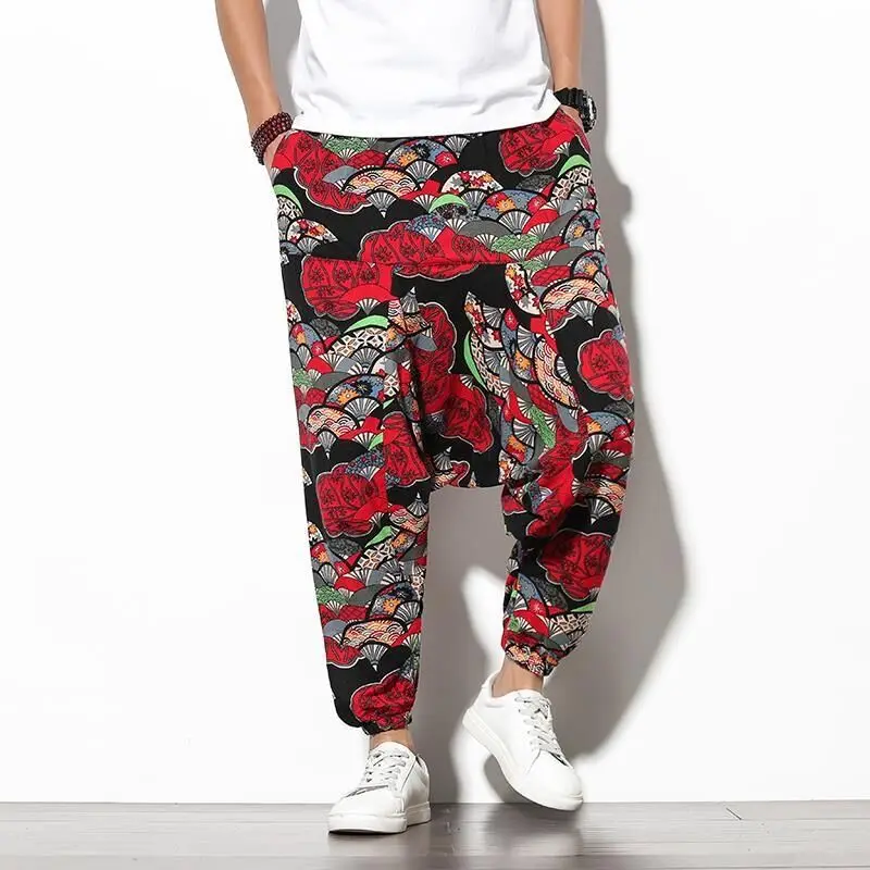 100% Linen Bloomer Men Pants Vintage Ethnic Print Big Drop Crotch Pants Harem Cross Trousers Chinese Styles Hip Hop Hippie Pants