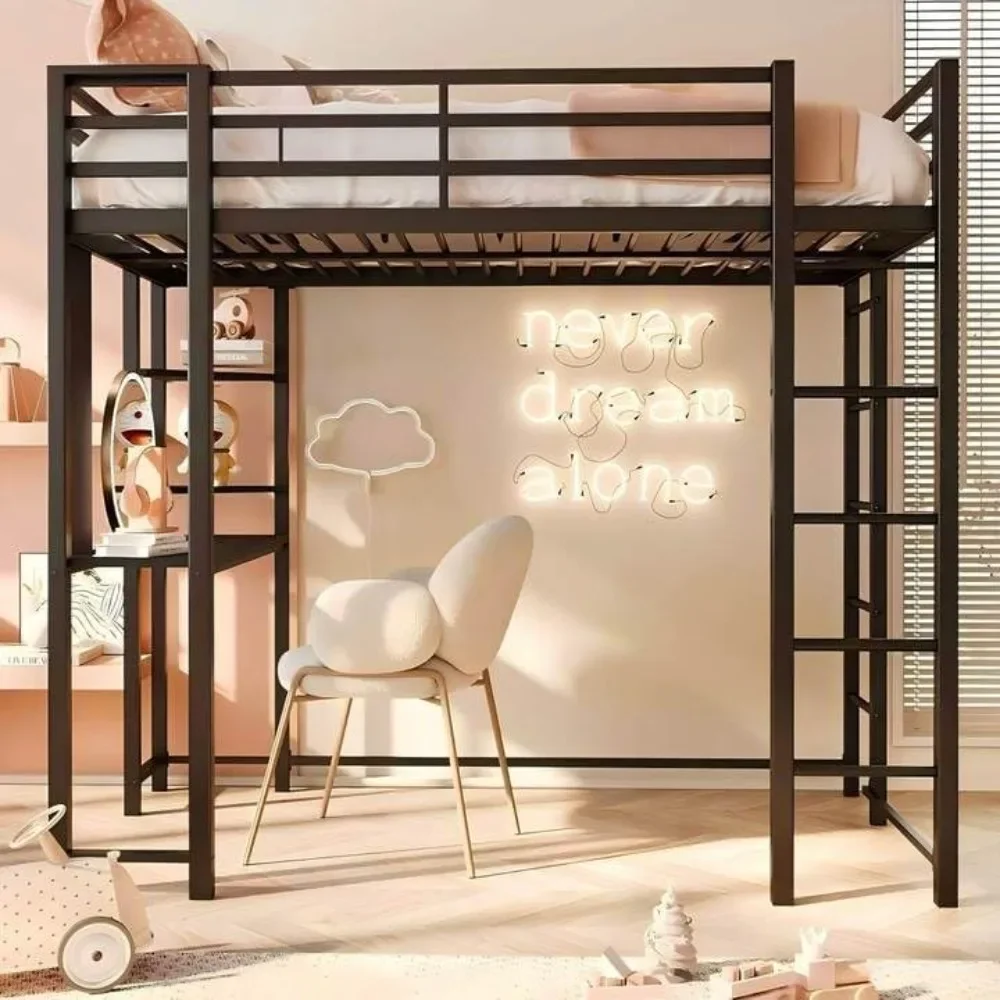 Bed Full Size with Desk and Safety Guard Rail, Full Size Metal Bed Frame with Double Layer Shelves for Storage, No B