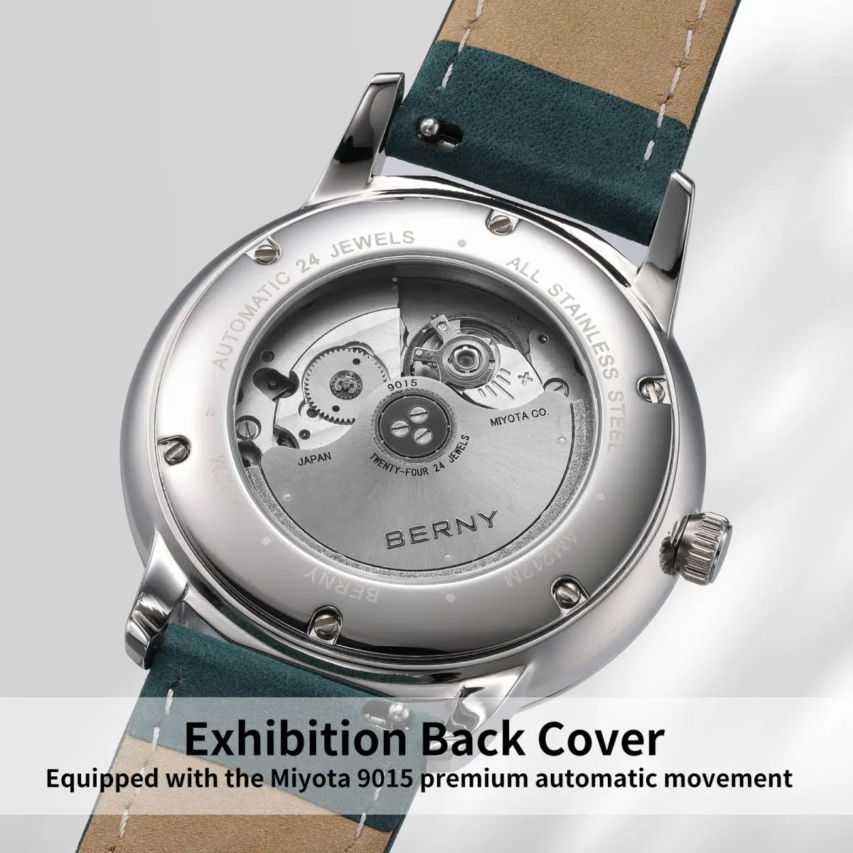 BERNY Automatic Watches for Men Starlight Luminous Easy Read Mechanical Watch Calendar Waterproof Suede Leather Mens Wristwatch