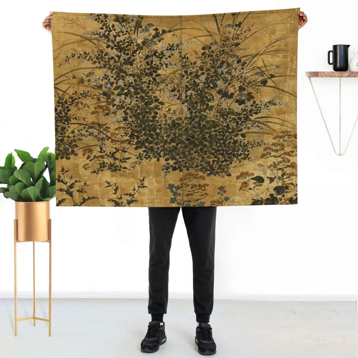 Vintage Japanese Floral Gold Leaf Screen With Morning Glory Throw Blanket Decorative Beds Flannel Fabric Beach Blankets
