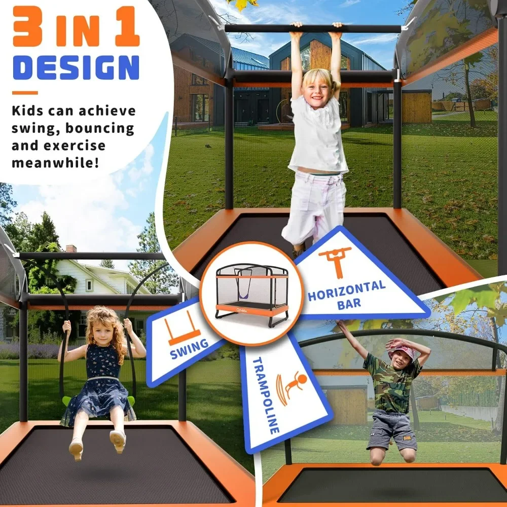 6FT Kids Trampoline with Horizontal Bar and Swing, Rectangle Toddler Trampolinet, ASTM Approved- Outdoor/Indoor Trampoline