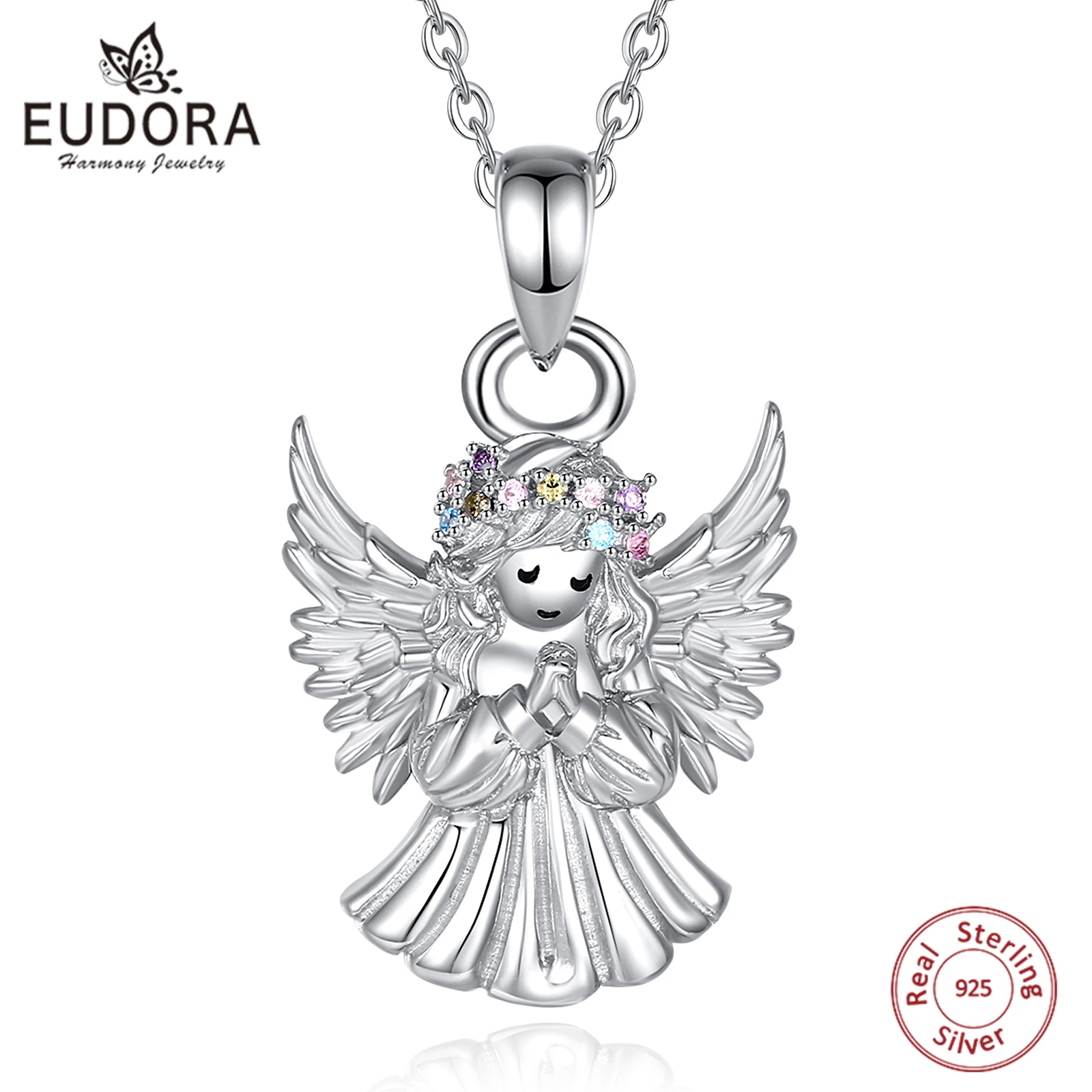 Eudora 925 Sterling Silver Angel Necklace for Women Colorful Zircon Praying Angel Elegant Pendant Religious Jewelry Fine Gift