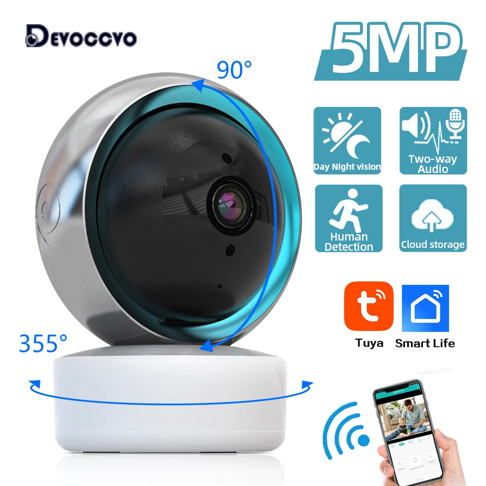 5MP Tuya Wifi Smart Home Baby Monitor 2 Way Audio Mini Indoor Security IP Camera 2K PTZ Remote Access CCTV Surveillance Camera