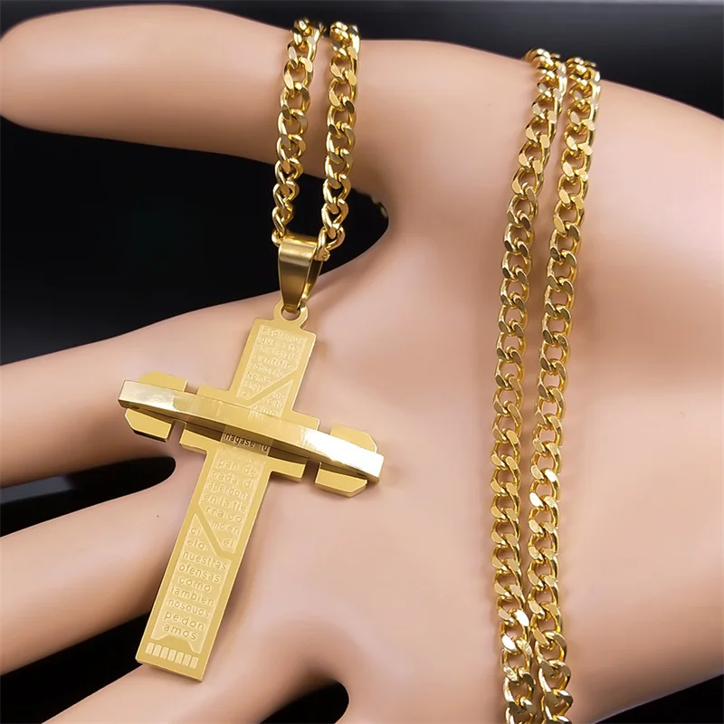 Hip Hop Spanish Lord's Prayer Cross Necklace for Women Men Gold Color Stainless Steel Bible Verse Chain collar hombre N6207GD