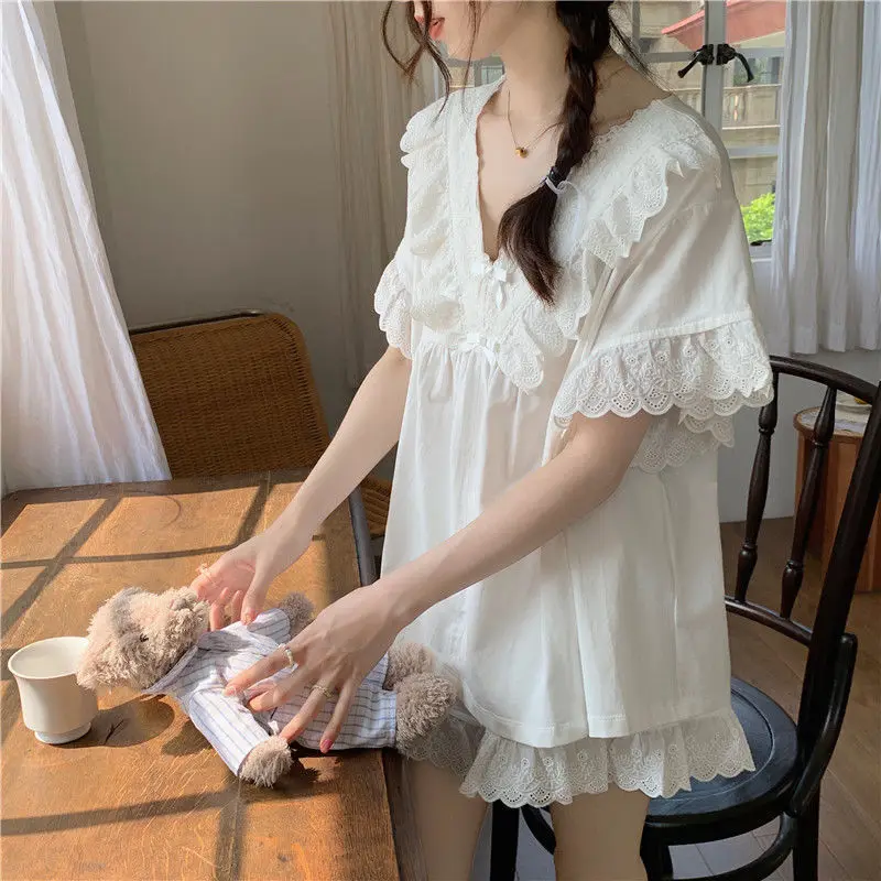 Pajama Sets Women Ruffles Minimalist Pure Design Elegant Fashion Daily Lounge Wear Summer V-neck Sexy Sweet Korean Style Ladies