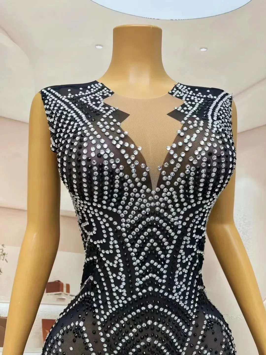 Costume de Soirée d'Anniversaire pour Femme, Robe Sexy, Transparente, avec Strass Argentés et Noirs