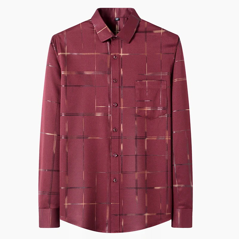Men's Gold Embossed Shirt in Red And Black Trendy Heat Transfer Print Casual Long Sleeve Top for Business Or Party Elegant Shirt