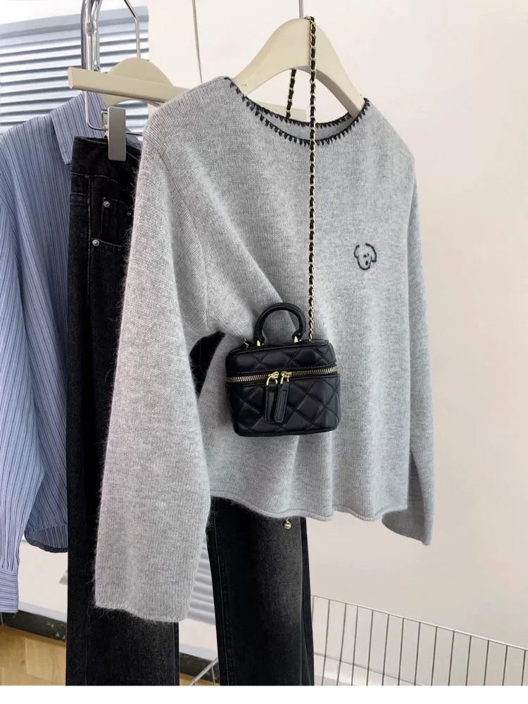 

Large Size Knitted Sweater round Neck Embroidered Patchwork Loose Women's Autumn Winter Fashionable Base Shirt Trendy Top