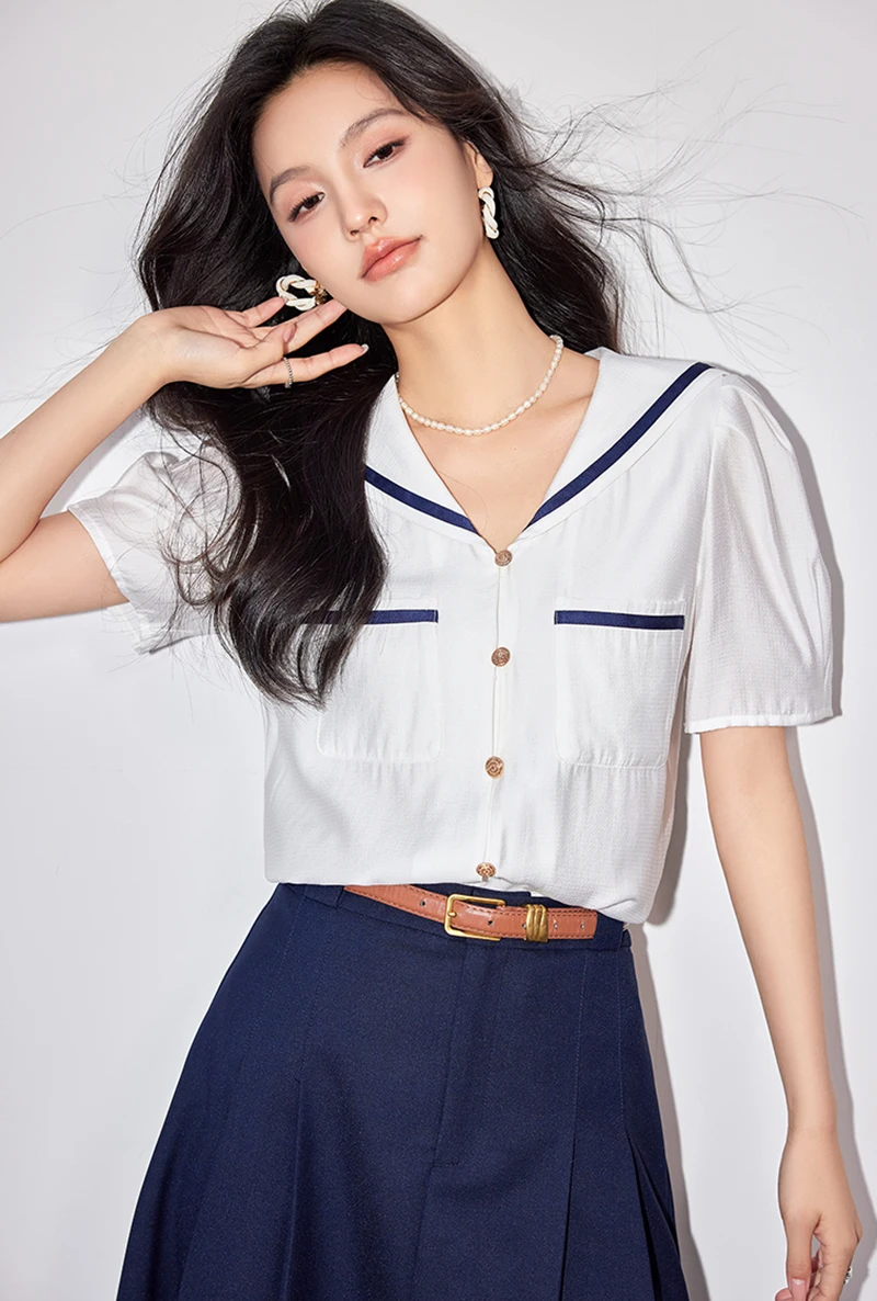 French Sailor Collar Chiffon Shirt for Women 2024 Summer New Korean Fashion White Short Sleeve Blouse Tops Mujer Camisa Feminina