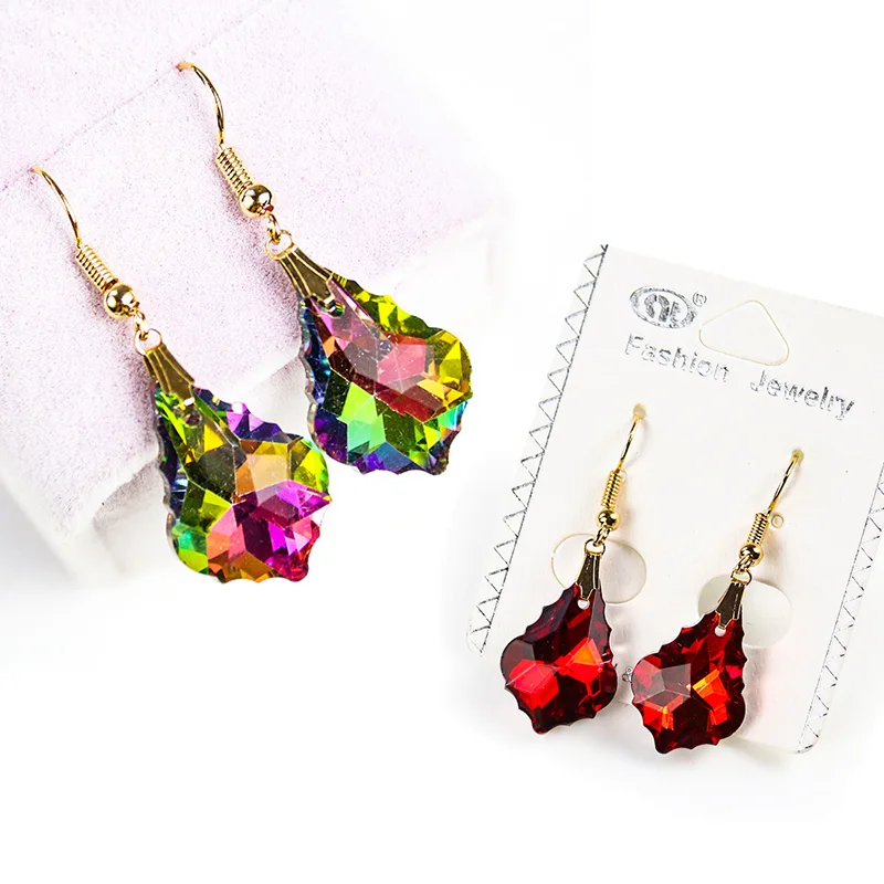 Sparkling Streamer Fire Polished AB Color Maple Leaf Water Drop Crystal Glass Dangle Earring Wedding Bride Charms Dangle Jewelry
