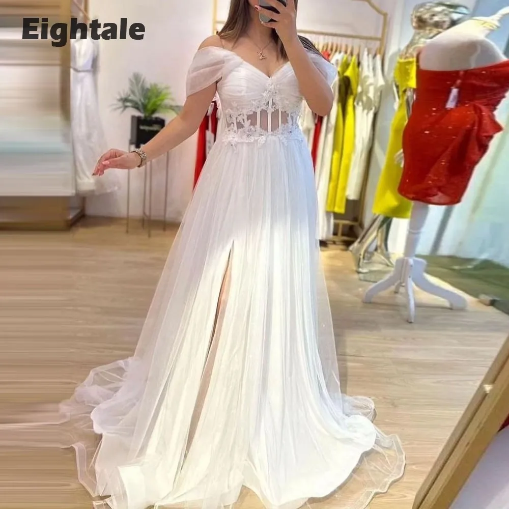 

Eightale Ivory Evening Dresses Off the Shoulder Side Slit A-Line Appliques Tulle Prom Gown for Wedding Party robes de soirée