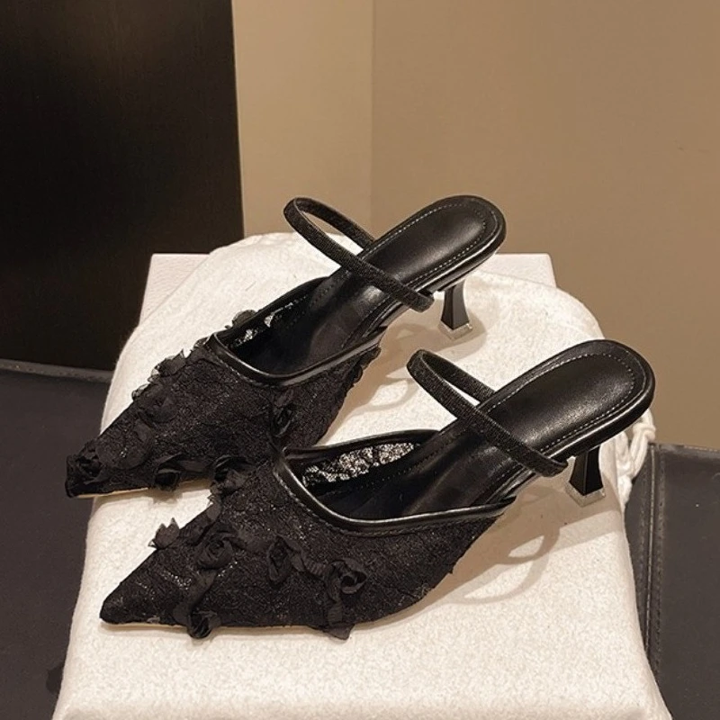 

Elegant Mesh Embroidered Flowers Designer Heeled Sandals Women 2026 Summer Sexy Slingback Pointed Toe Thin High Heels Dress Shoe
