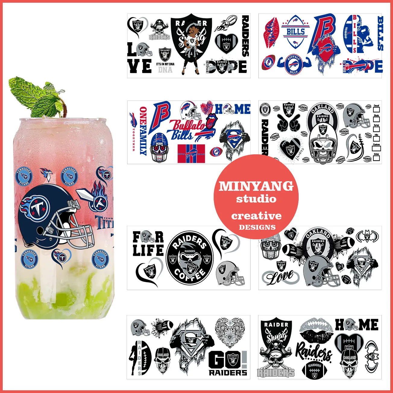 American football team  peel waterproof DIY Decals 3D transfers uvdtf crystal stickers 16oz uv dtf cup wraps for Libbey Glasses