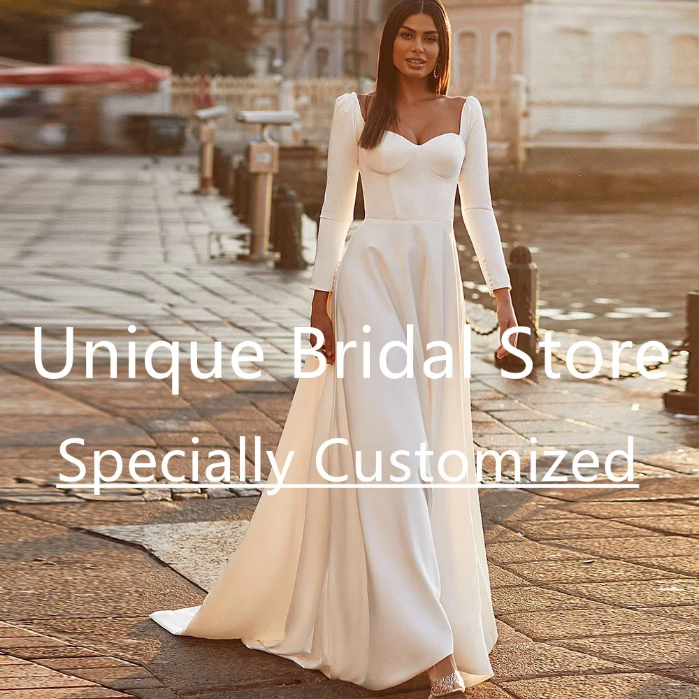 

Модные атласные свадебные платья трапециевидной формы по индивидуальному заказу, простое свадебное платье с длинными рукавами и открытой спиной на молнии сзади и скользящим шлейфом