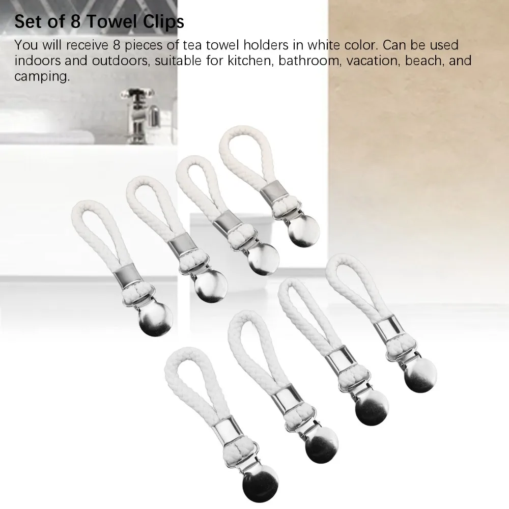 8 PCS Stainless Steel Cotton Rope Hanging Towel Clip Cotton Loop Silver White Tea Towel Clip Hanging Design Braided Design