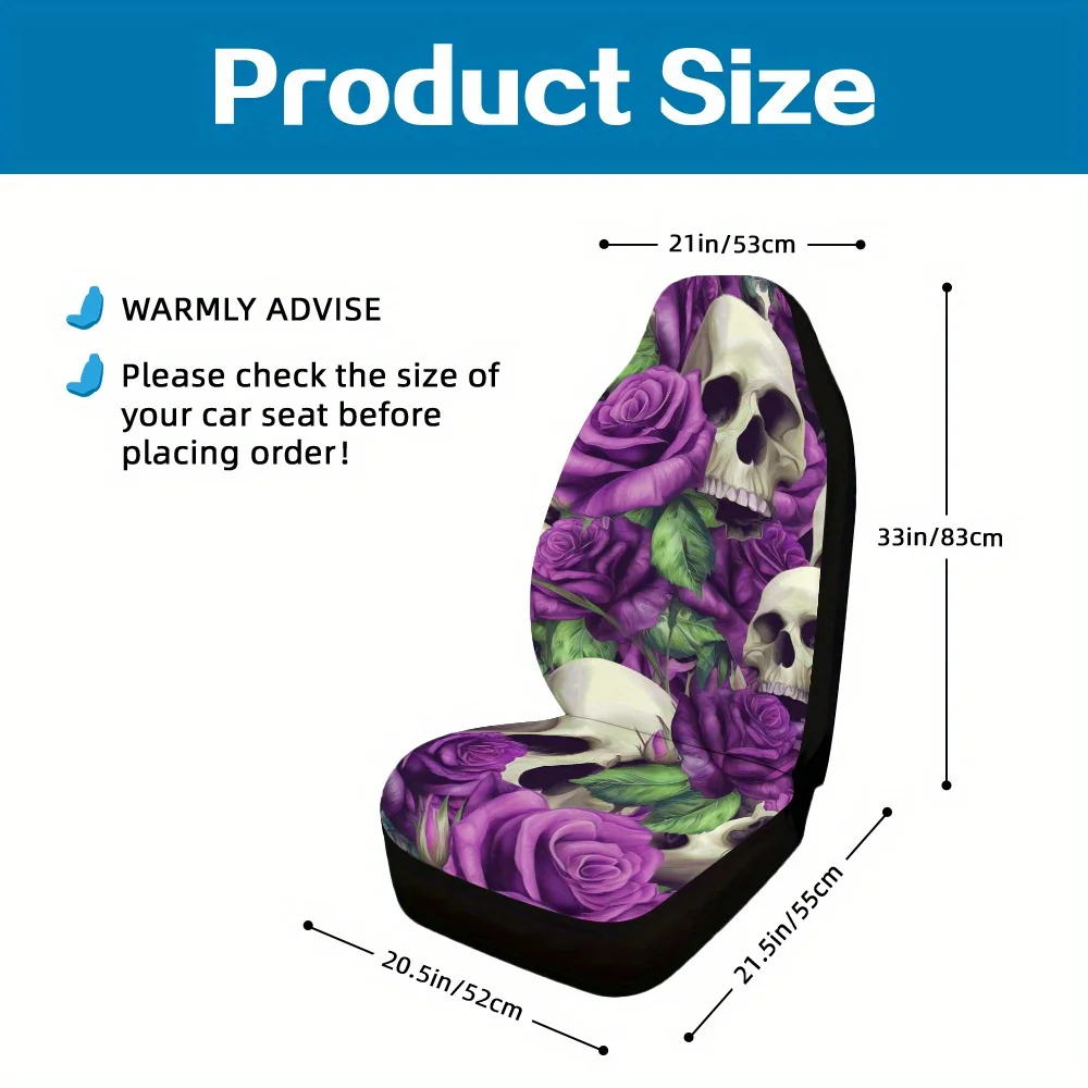 2pcs, Trendy Purple Rose Skulls Pattern Car Seat Covers, Designed For Driver And Passenger Front Seats, Fresh Look For Car Inter