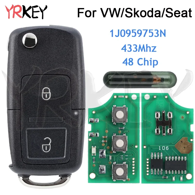 Car Flip Key Fob for VW VOLKSWAGEN Bora Golf Beetle SKODA Octavia SEAT Toledo 1J0959753N Blade HU66 ID48 Chip 433Mhz Remote Key