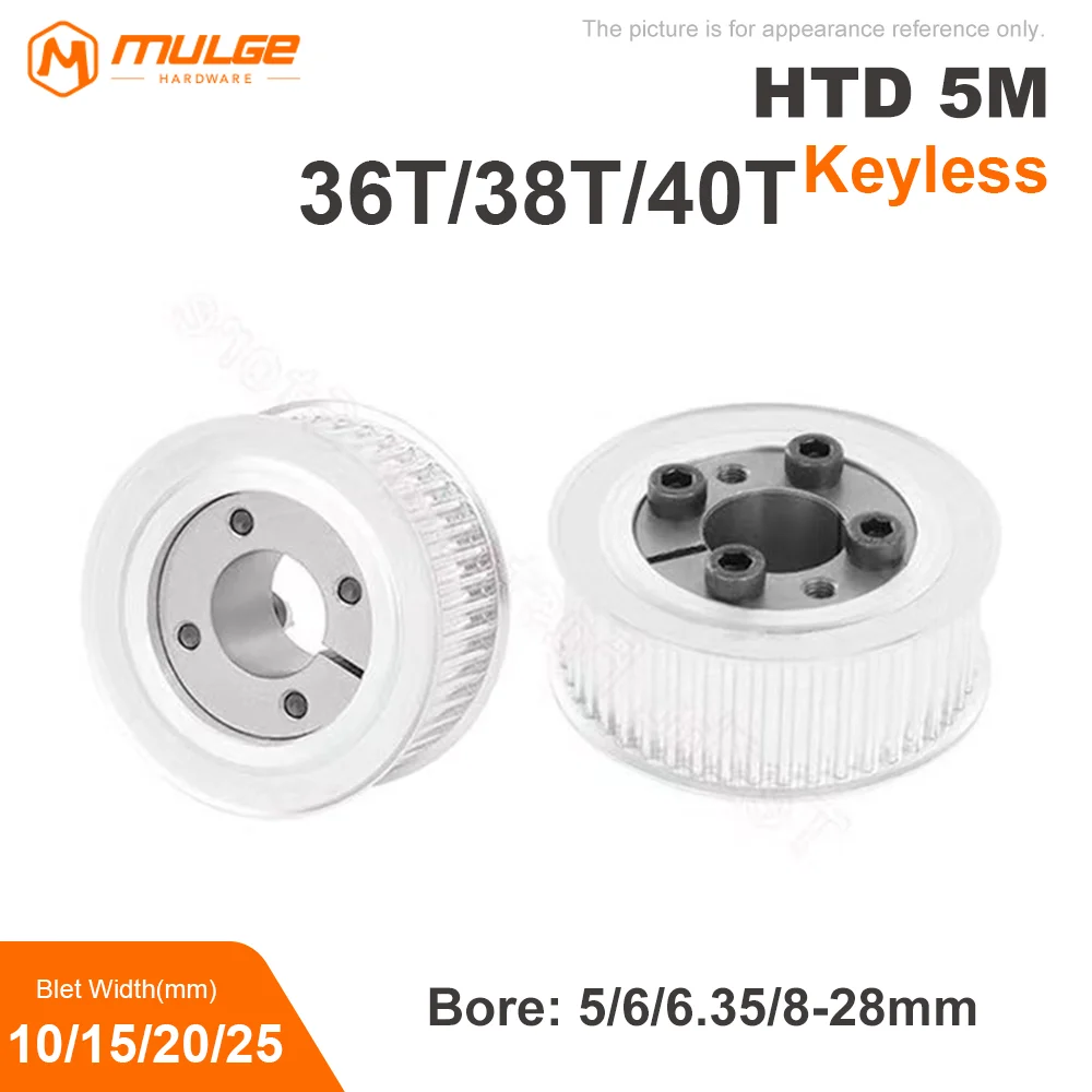 HTD5M 36T/38T/40Teeth Timing Pulley Keyless Bushing Bore 5/6/6.35/8-28 mm  5M Synchronous Wheel For Belt Width 10/15/20/25mm