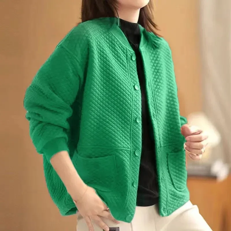 

2025 Advanced Women Solid Color Grid Coat Retro Female New Long Sleeves Jacket Autumn Winter Ladies Round Neck Baseball Outwear