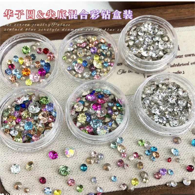 100PCS Mix Sizes Clear 33-Facets Pointed Round Crystal Diamonds Nail Art Rhinestones Colorful Gems Set Manicure DIY Accessories