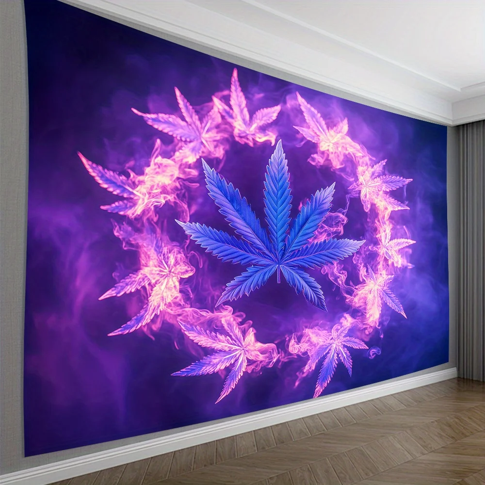 Psychedelic Leaf Tapestry, Glowing Cannabis Leaves in Purple and Pink Smoke, Trippy Art Wall Hanging for Living Room Bedroom