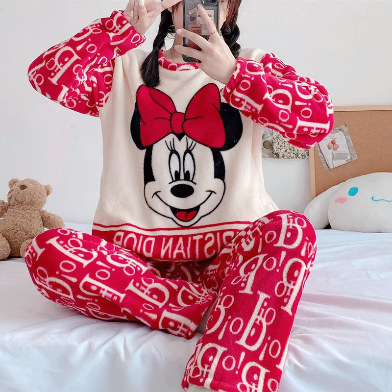 Cartoon Disney Mickey Mouse Women\'s Pajamas Winter Knitted Plush Long Sleeve Pants Two-piece Set Loungewear Hello Kitty Pajamas