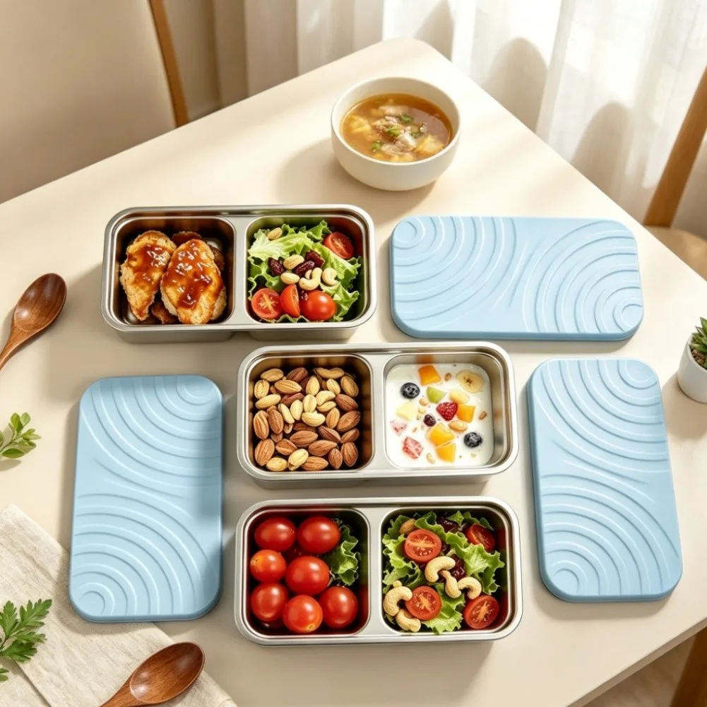 3PCS Reusable Food Containers Stainless Steel 304 and Silicone 800ml 20x10.5x4cm for Meal Prep and Portable Use