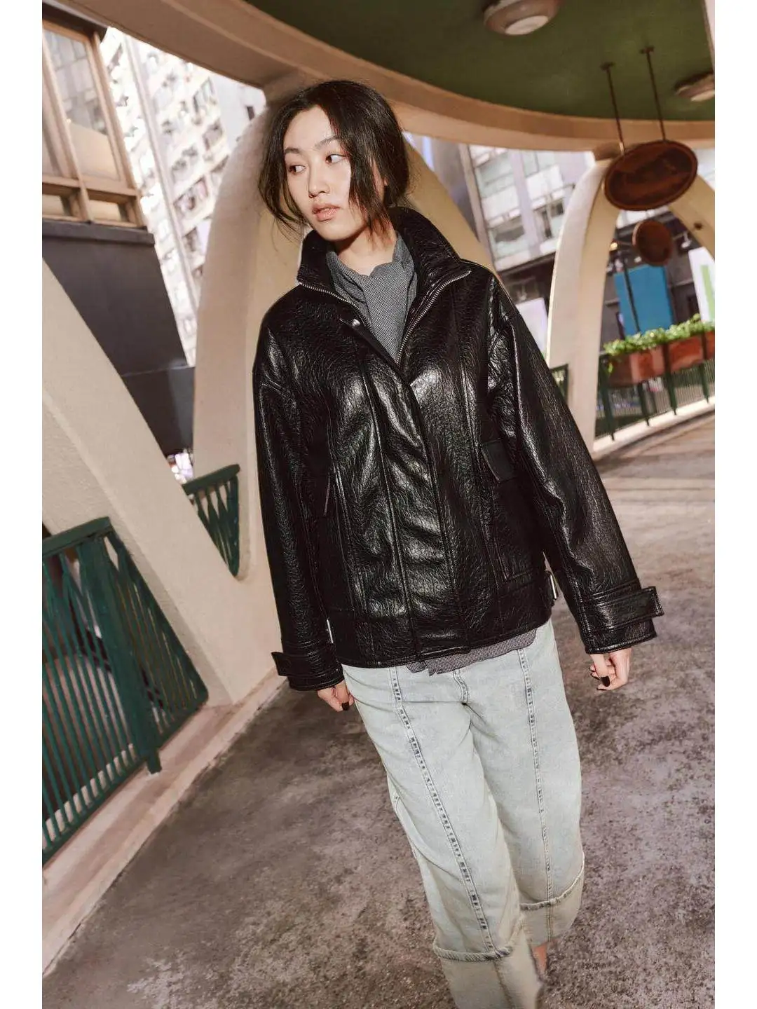 Summer Leather Effect Jacket Long Sleeve Zipper And Button Closure Adjustable Hem Collar Outerwear Qinchuan 26 Style 3548046
