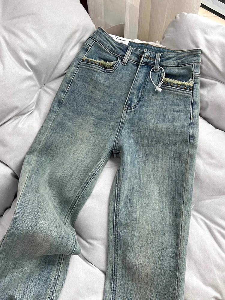 

American Retro High Waist Flare Jeans for Women Chic Rivet Pockets Design Slim Fit Denim Pants Spicy Girls Fashion Trousers