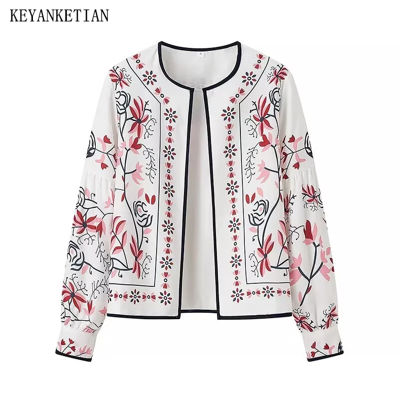 KEYANKETIAN New Women's Flower Print Thin Quilted Jacket Autumn Ethnic style Lantern Sleeve Buttonless Short Coat Outerwear Top