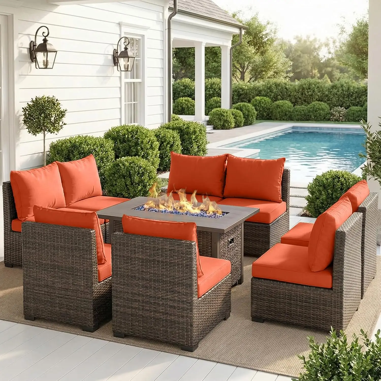 Patio Furniture Set with Fire Pit Table, Outdoor Sectional Rattan Sofa Set, Customized