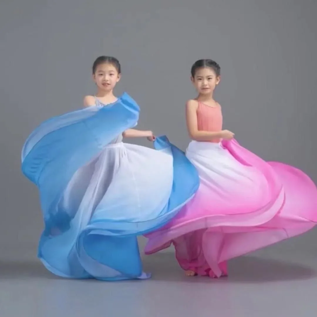 Girl classical dance big Wings skirt  gradient color 720-degree chiffon skirt ethnic  modern Flamenco dance Long Skirts hanfu