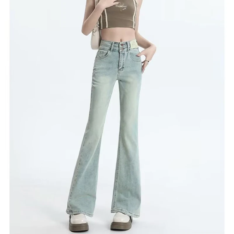 Women Korean Thin Solid Flared Jeans Lady Fashion Double Button High Waist Trousers Girls Classic Slim Fit Thin Denim Pants