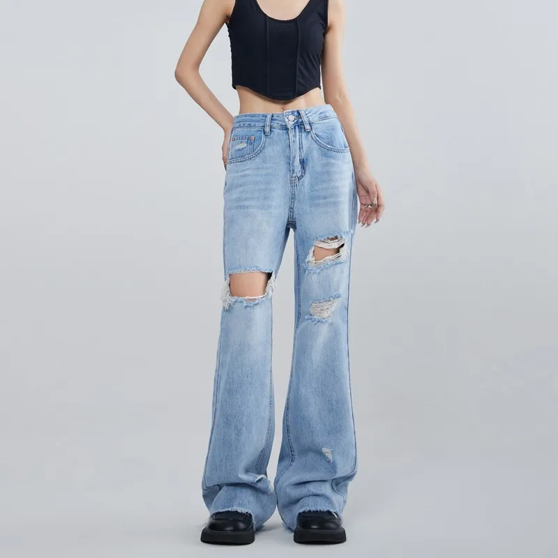 WCFCX STUDIO Vintage High Waist Hole Straight Jeans Womens Loose Denim Pants Casual Wide Leg Pants Streetwear Mom Jeans