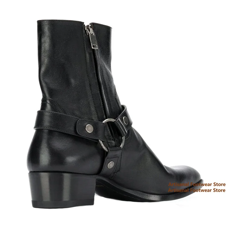 

Metal Ring Chelsea Boots Men's Pointy Toe Buckle Strap High-Top Boots Side Zippers Handmade Luxury Designer Shoes Men's Booties