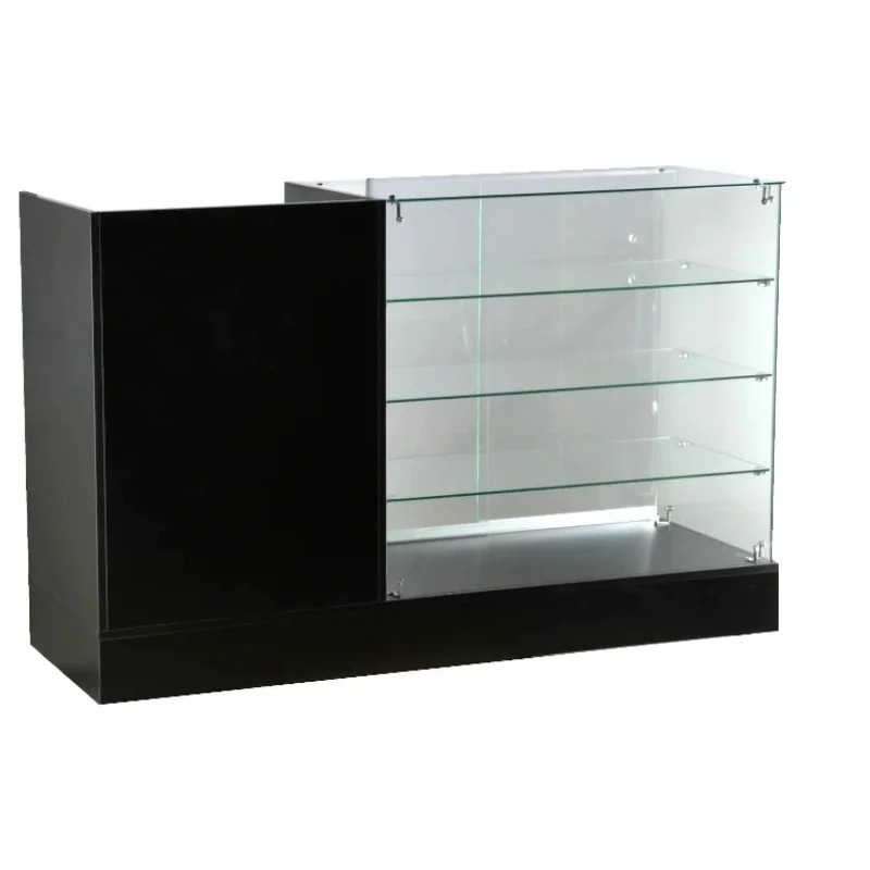 Custom. Frameloze Glazen Display Met Kassa Staan Houten Structuur Met Door Multifunctionele Kassier Teller Glazen Show