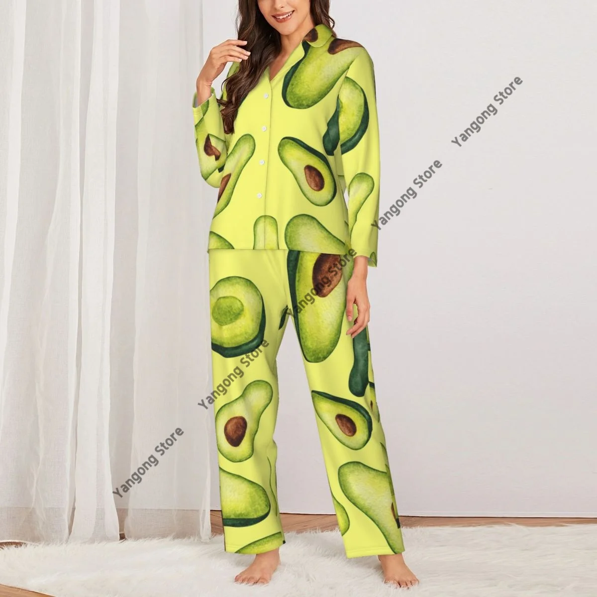 Spring and Autumn Long Sleeve Pants Pajamas Loungewear Set Watercolor Avocado Women's Pull Edge Loose Sleeping Suit