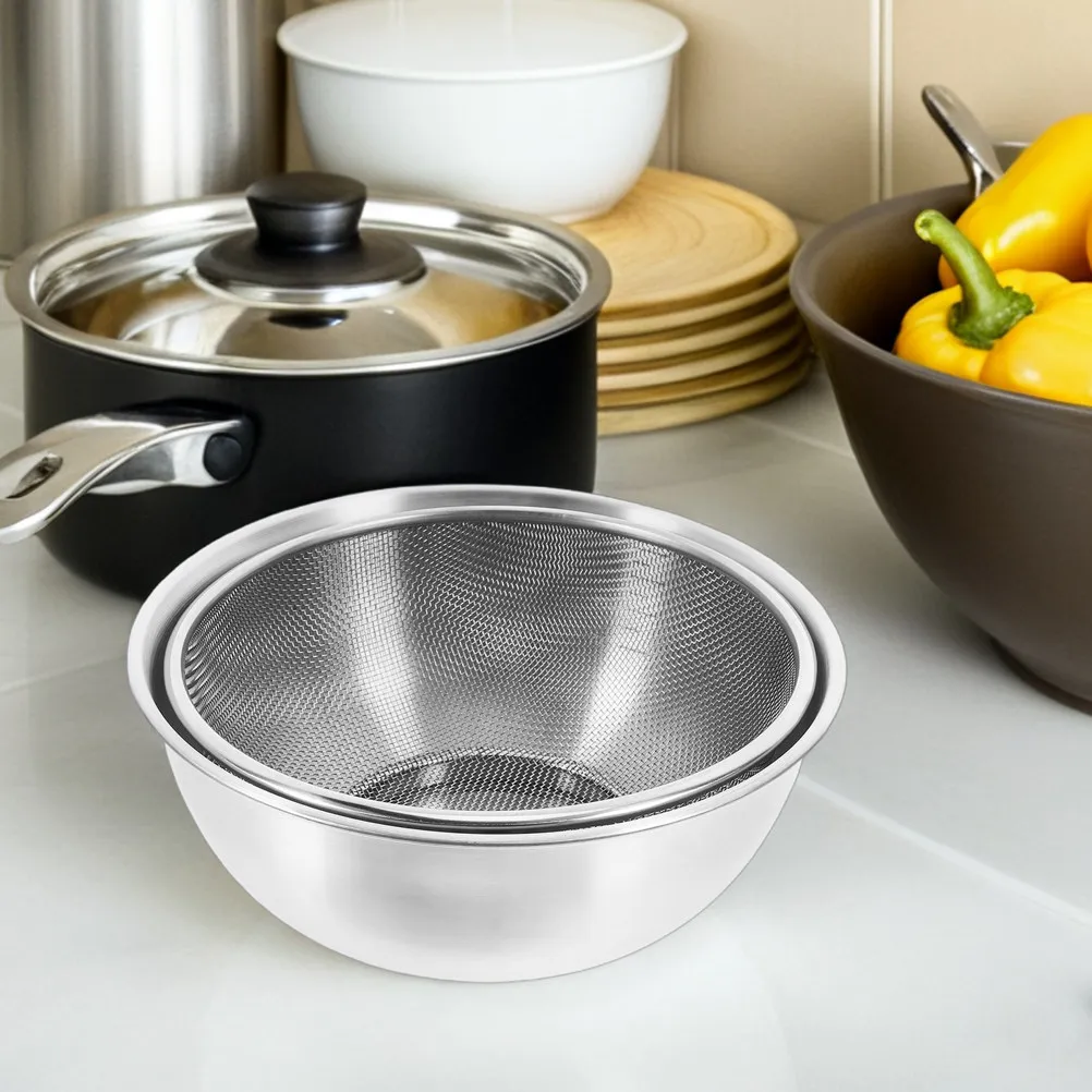 2Pcs 24Cm Stainless Steel Flat Wash Basin with Perforated Design for Vegetable Fruit Rice Rinsing Draining Efficient Drainage