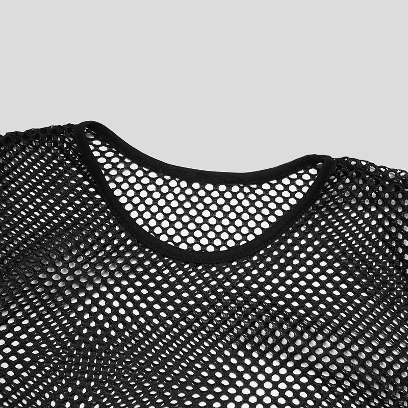 Herren Netzstoff T-Shirts O-Ausschnitt Langarm Transparente Oberteile Muskel-Unterhemd für Männer Sexy Nachtclub Gothic Punk Streetwear – Detail 4