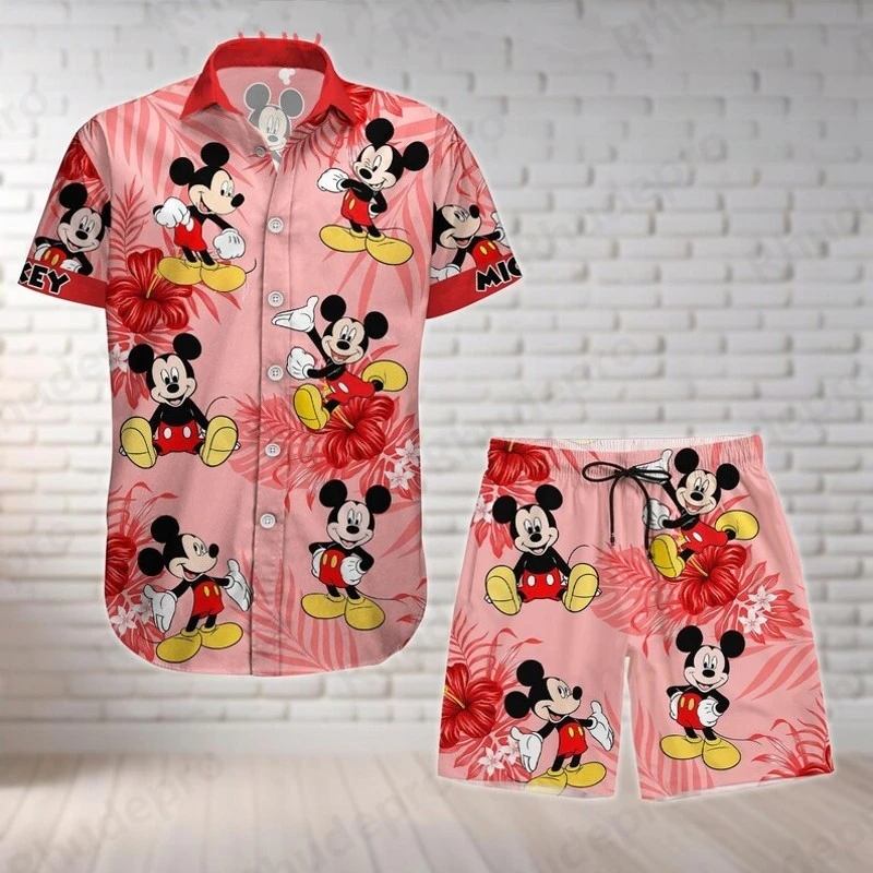 

Disney Mickey Minnie Friends Hawaiian Shirt Mouse Cartoon Men and Women Shorts Suit Minnie Summer Vibes Button Shirt