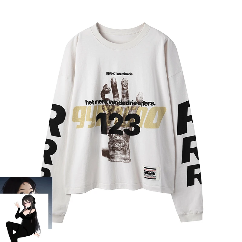 Washed RRR123 Palm Graffiti Print Long Sleeve T-shirt Men Women Oversize Casual Cement White High Quality Streetwear T Shirt Top