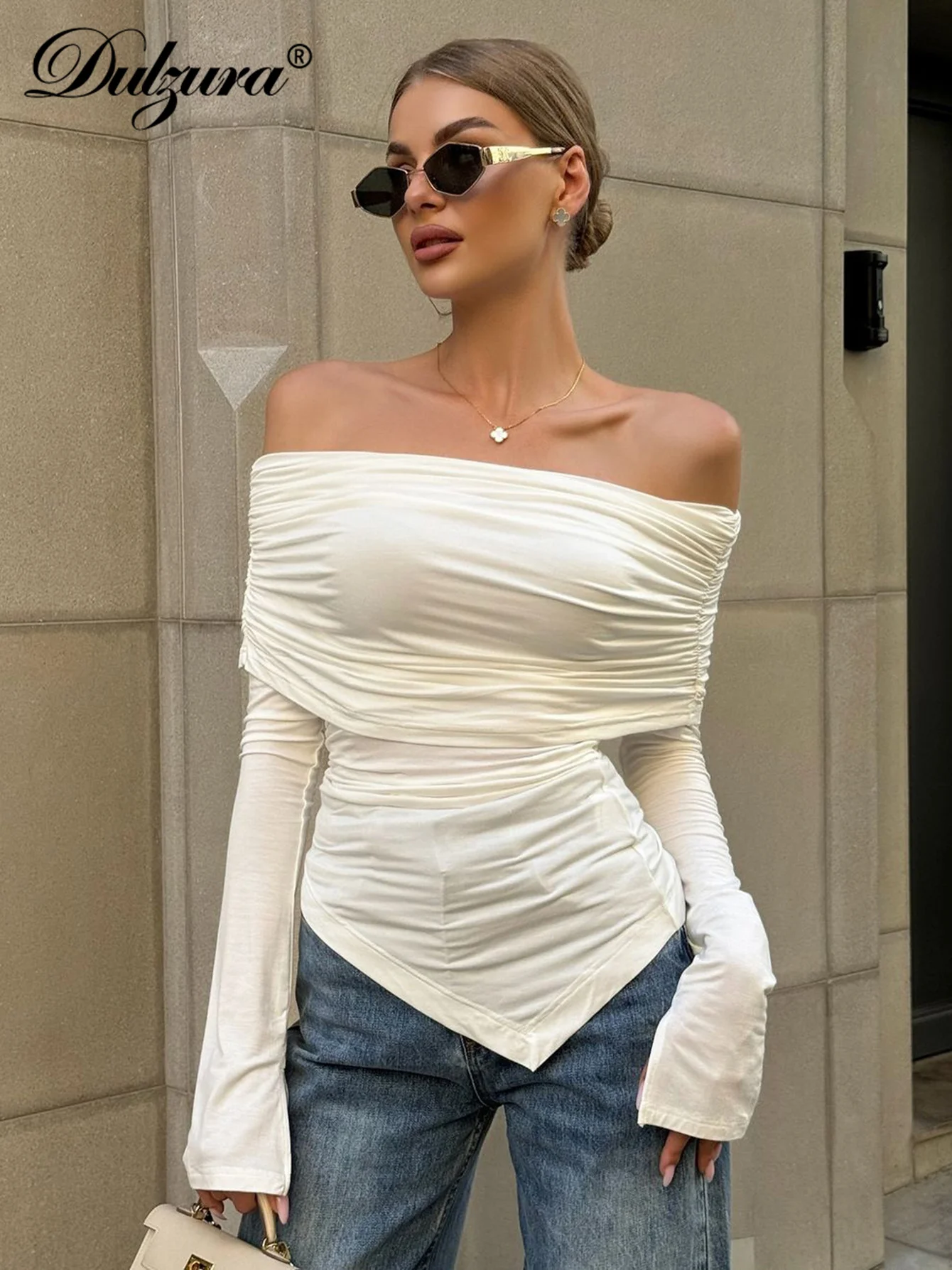 Dulzura Sexy Long Sleeve Tops T-Shirt Ruched Slash Neck Irregular Women Clothes Y2K Lady Evening Party Club Birthday Streetwear