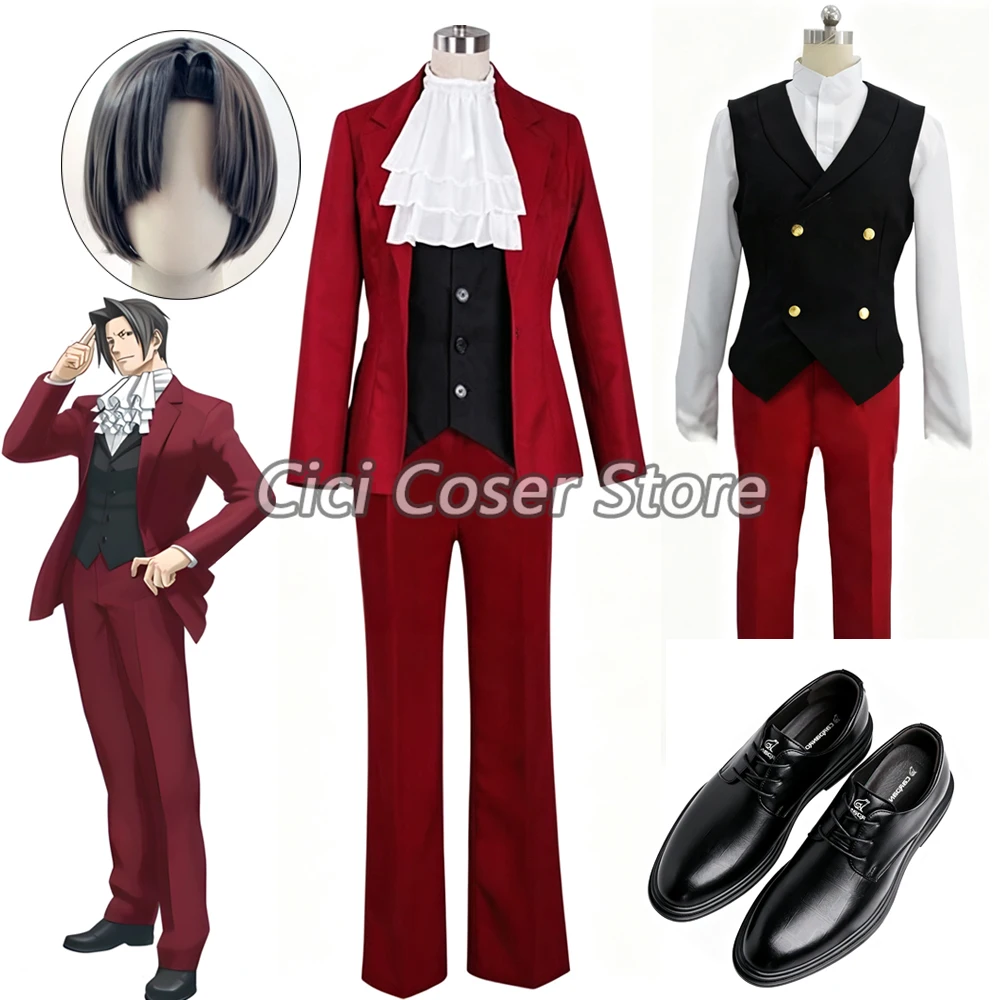 Costume de cosplay Anime Ace Attorney Miles Edgeworth, perruque, uniforme rouge Benjamin Hunter, tenue pour fête d'Halloween et carnaval pour hommes