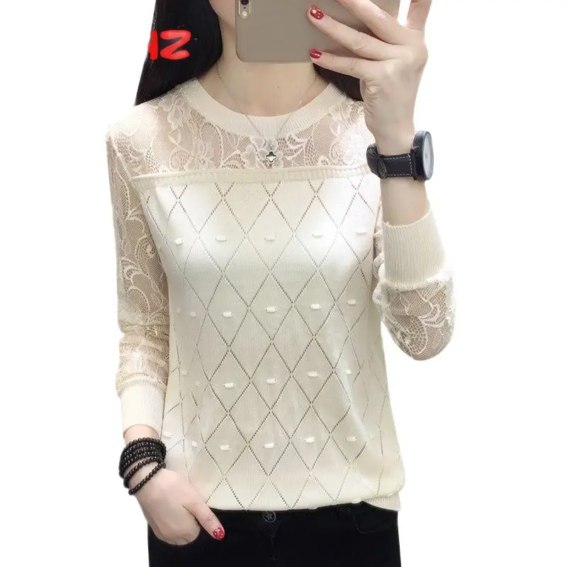 

UHYTGF Hollow Lace Knitted Sweater Women Short Tops Pullover Spring And Autumn Clothes Sweater Female Oneck Bottoming shirt 270