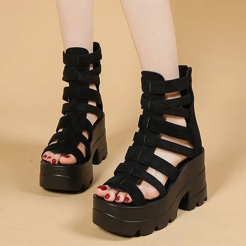 

New 2026 Super High Heel Sandals Shoes Women Summer Round Toe Patent Leather Platform Cutout Breathable Block Heel Roman Sandals