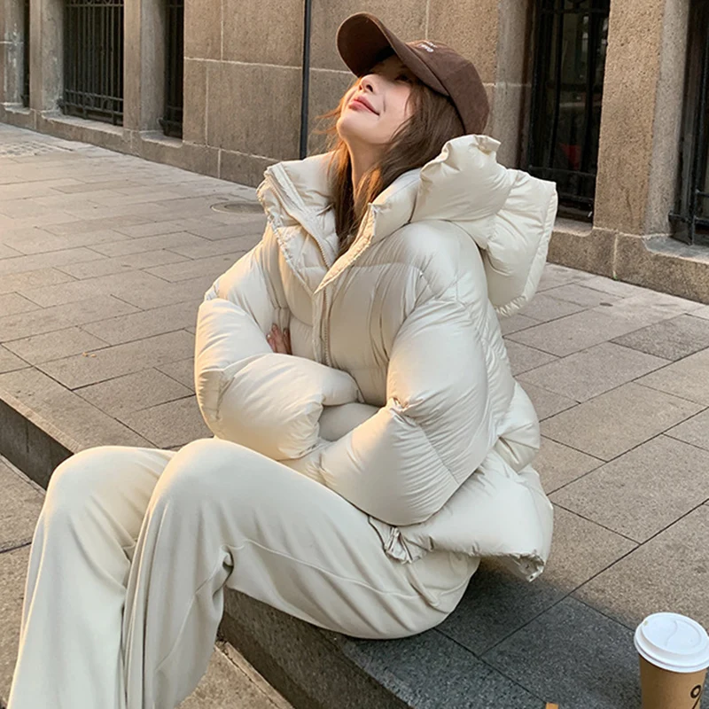 Windproof Zipper Up Stand Collar Puff Parkas Women Thicken Warm Hooded Down Cotton Coats Woman Korean Long Sleeve Short Parkas