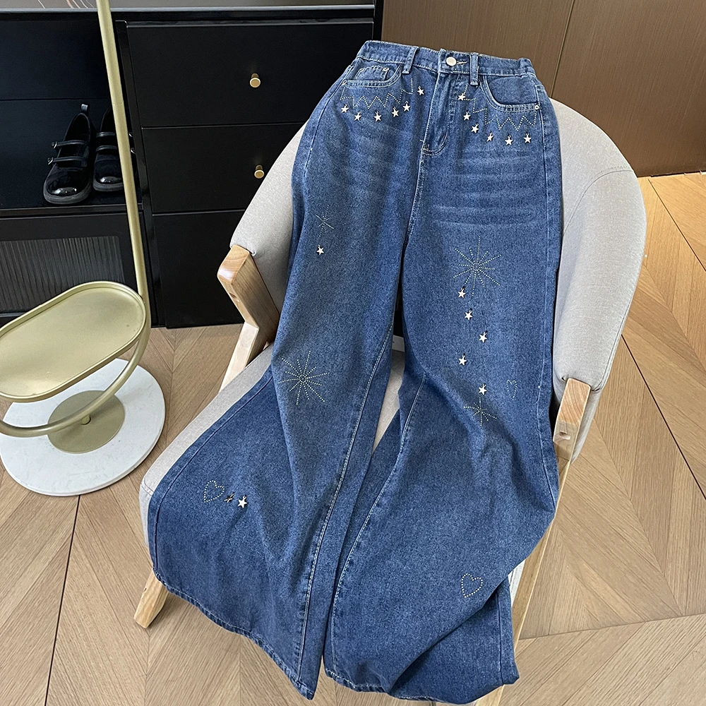 

Корейские широкие джинсы со звездами и бриллиантами в стиле ретро, женские весенне-осенние свободные универсальные джинсовые брюки с высокой талией, модные брюки для пикантных девушек
