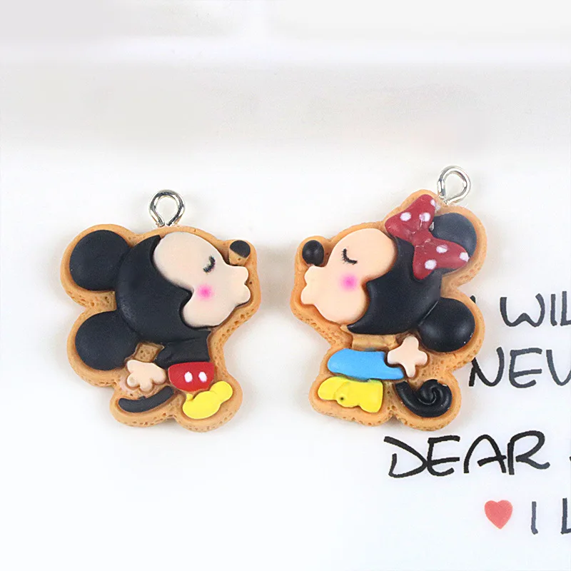 10pcs Kawaii Disney Resin Cartoon Cute Kiss Mickey Minnie Couple Keychain Pendant Necklace DIY Jewelry Accessories Handmade