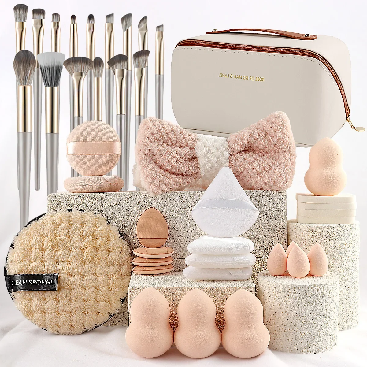 

36pcs Beauty Tool with Square Bag Combination 15 Makeup Brushes Beauty Set Powder Puff Hair Belt